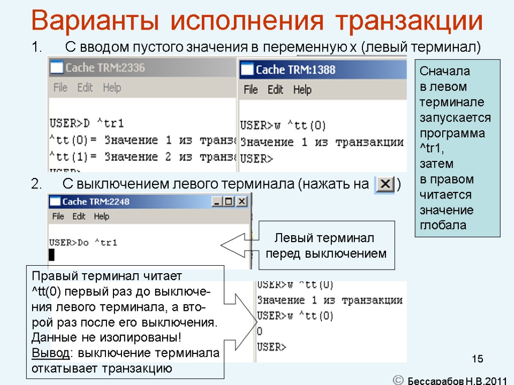 15 Варианты исполнения транзакции С вводом пустого значения в переменную x (левый терминал) 2.